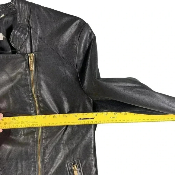 Calvin Klein Size 8 Vegan Black leather jacket gold hardware Asymmetrical Lined - Picture 13 of 16